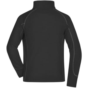 A black men's polar fleece jacket with a high collar and contrasting stitching on the back. Features a logo.