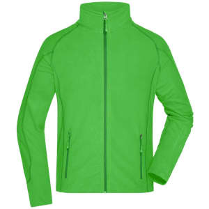 A green men's polar fleece jacket featuring a full zip and zippered pockets. It has a logo on the front.