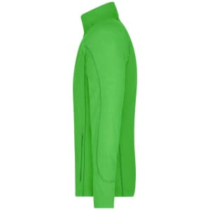 A side view of a vibrant green men's polar fleece jacket with a high collar and zippered pockets.
