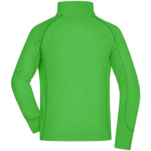 A bright green fleece jacket featuring a high collar and long sleeves, with contrasting seams and a logo.