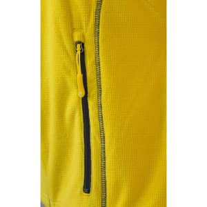 A bright yellow polar fleece jacket featuring a zippered pocket and textured fabric.