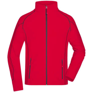 A red polar fleece jacket with a zip front and two side pockets, featuring a branding logo.