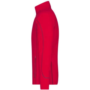 A red men's fleece jacket with a high collar and side zip pockets, featuring a logo.