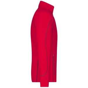 A red men's polar fleece jacket with a zip and seam detailing, featuring a side view and a small logo.