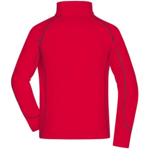 A red polar fleece jacket featuring a high collar and contrasting stitching, with a logo on the back.