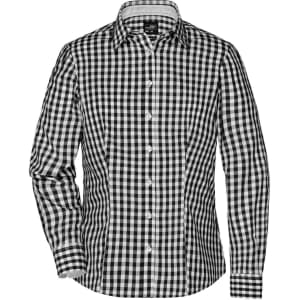 A black and white checked blouse featuring a button-up front and long sleeves. It has a logo on the label.