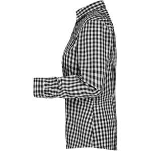 A button-up shirt featuring a black and white checked pattern, showcasing a fitted cut and long sleeves.