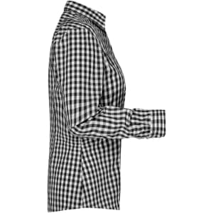 A ladies checked blouse in black and white, featuring a button-up design and a collar. The shirt has long sleeves and a side view.