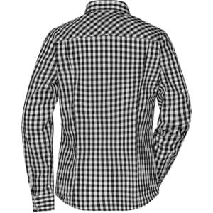 A black and white checked blouse with a button-up design and a collared neck, featuring long sleeves.