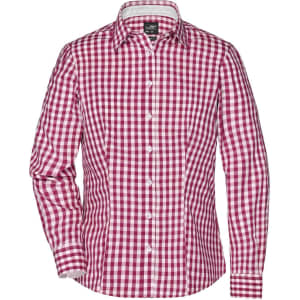 A ladies' button-up blouse featuring a red and white checked pattern, with long sleeves and a collar.
