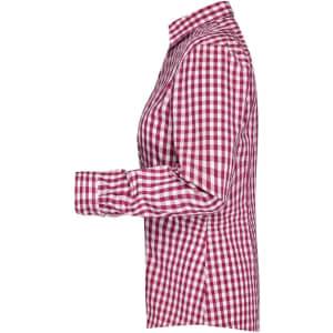 A side view of a ladies' button-up blouse in a red and white checked pattern, featuring a folded collar and buttoned cuffs.