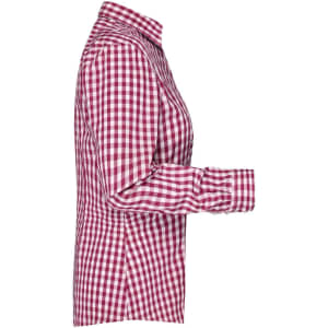 A ladies button-up blouse in red and white checked pattern, featuring a collared neck and long sleeves.