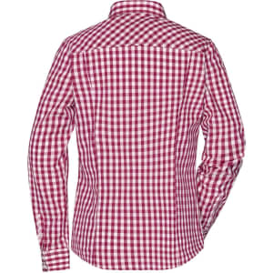 A checked blouse in red and white with a button-up design, featuring a collar and long sleeves.