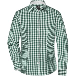 A green and white checked blouse with a button-up front and long sleeves. It has a logo on the inside label.