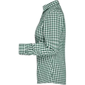 A green and white checked blouse with a button-up design, featuring long sleeves and a collar.