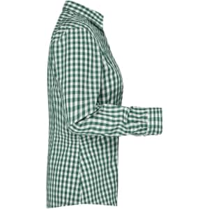 A checked blouse in green and white, featuring a button-up design and long sleeves. It has a logo on the fabric.