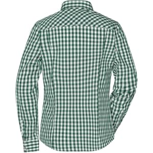 A green and white checked blouse with a button-up design, featuring a back view and a collar. It has a logo.