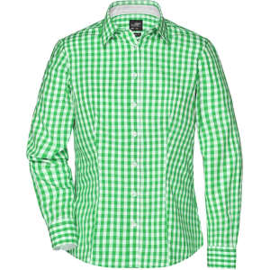 A green checked blouse featuring a button-up design and long sleeves, with a logo on the label.
