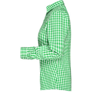 A green and white checked blouse with button-up front and long sleeves. The blouse features a fitted silhouette.