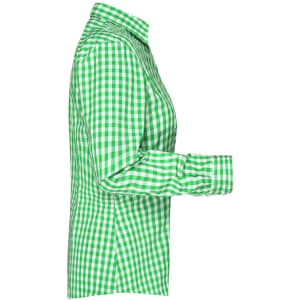 A green and white checked blouse featuring a button-up design and a collar. The blouse has long sleeves and a slim fit.