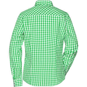 A green and white checked blouse with a button-up style, featuring a classic collar and long sleeves.