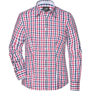 A red, white, and navy checked blouse with a button-up front and long sleeves, featuring a logo.
