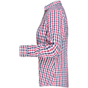 A checked blouse in red, white, and navy, featuring a button-up design and long sleeves. It has a logo.