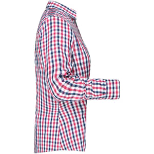 A side view of a ladies' button-up blouse featuring a red, white, and blue checked pattern. It has a collar and buttoned cuffs.