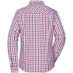 A button-up shirt in red, white, and blue checkered pattern, featuring a collar and long sleeves.