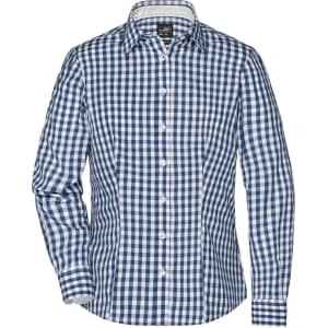 A button-up shirt with a blue and white checked pattern, featuring a collar and long sleeves. It has a logo on the label.