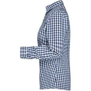 A blue and white checked blouse with a button-up design, featuring long sleeves and a structured collar.