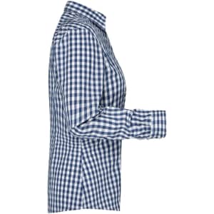 A blue and white checked blouse featuring a side view with a button-up design and long sleeves.