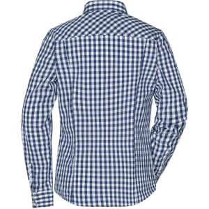 A checked blouse in navy and white with a button-up design and a classic collar. The back view shows a tailored fit.