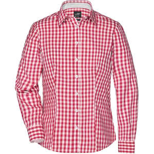 A red and white checked blouse with a button-up front and long sleeves, featuring a logo on the collar.