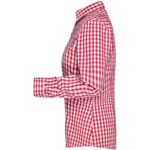 A red and white checked blouse with a collared neckline and button-up front. The blouse has long sleeves and a fitted design.