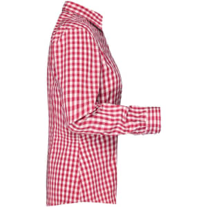 A red and white checked blouse, featuring a button-up design and a collar, with long sleeves.