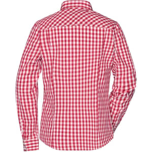 A checked blouse featuring a red and white pattern, with a button-up design and a classic collar at the back.