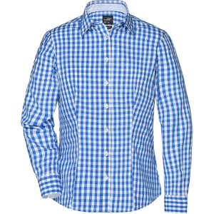 A blue and white checked blouse with a button-up front and long sleeves. The shirt features a logo on the label.