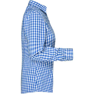 A blue and white checked blouse with a button-up design, featuring long sleeves and a classic collar.