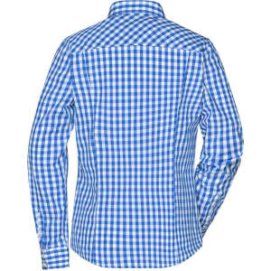 A blue and white checked blouse showcasing a button-up design with long sleeves and a collar, featuring a logo.