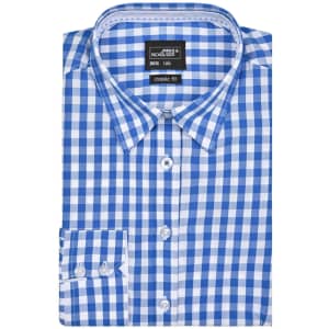 A blue and white checked blouse with a classic fit and button-up front, featuring long sleeves and a single cuff.