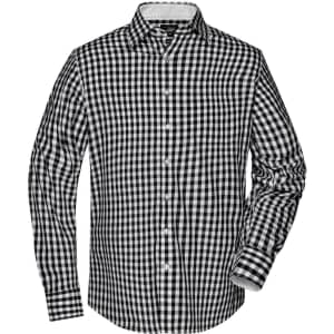 A black and white checked button-up shirt with long sleeves and a collar, featuring a logo on the label.