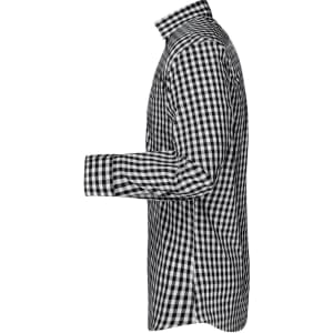 A side view of a black and white checked button-up shirt featuring a collar and long sleeves. The shirt has branding.