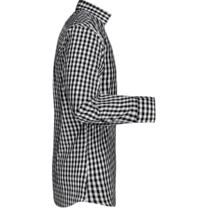 A men's checked shirt featuring a black and white gingham pattern with long sleeves and a button-up collar.