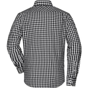 A black and white checked button-up shirt, featuring long sleeves and a collar, with a logo on the back.