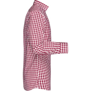 A men's button-up shirt in a red and white checked pattern, featuring a collar and long sleeves.