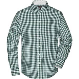 A green and white checked button-up shirt with a collar and long sleeves, featuring a logo.