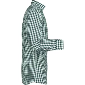 A green and white checked button-up shirt with long sleeves and a collar, featuring a logo.