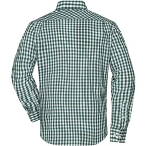 A men's button-up shirt featuring a green and white checked pattern with long sleeves and a classic collar.
