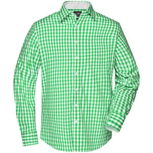 A green and white checked button-up shirt with long sleeves and a collar. Includes a logo on the chest.